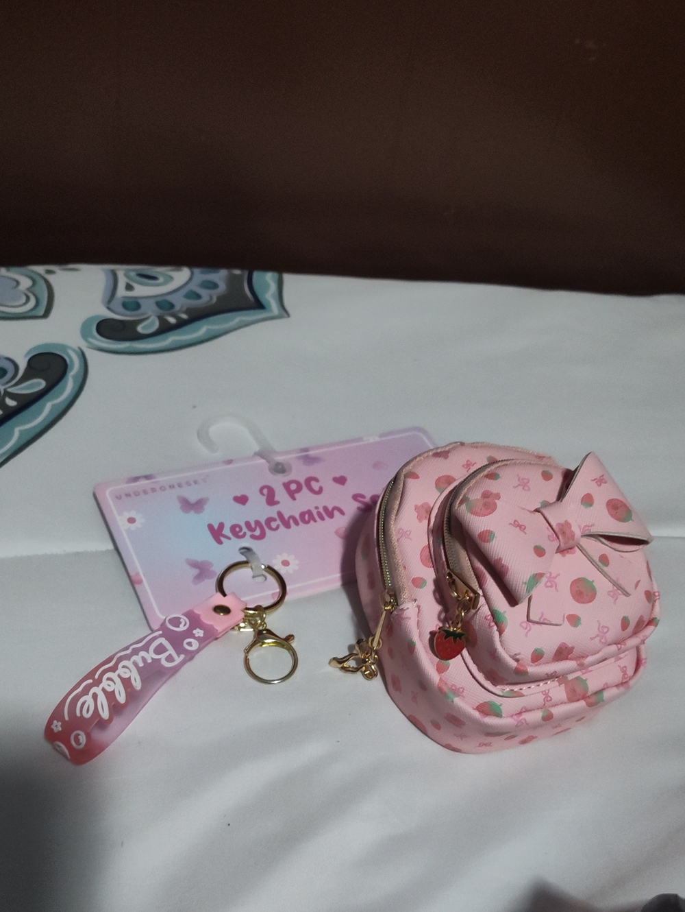 Under One Sky Pink Strawberry Bow Mini Backpack Keychain Set